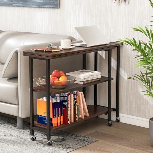Giantex 360° Free Rotating Sofa Side Table, Mobile L-Shaped Laptop Desk with Sturdy Metal Frame, 6 Universal Casters, Movable Couch Snack Table with 2-Tier Storage Shelf for Home (Walnut) - color: Walnut