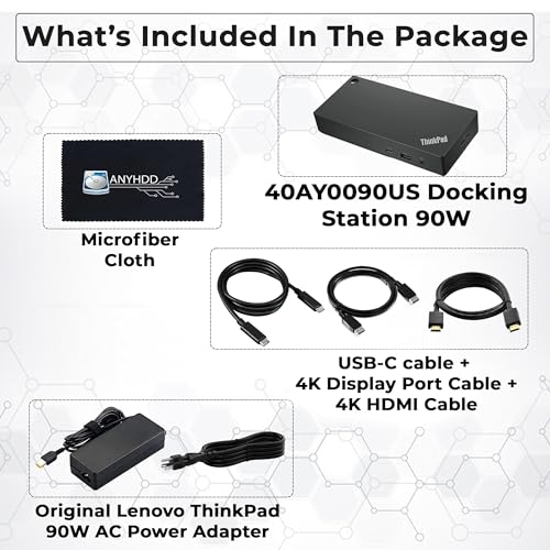 40AY0090US Lenovo Thinkpad Docking Station Dual Monitor - Supports 4K Display, Universal Lenovo Gen 2 Dock with 90W Adapter, HDMI, DisplayPort, USB-C Cables & Cloth (Renewed)