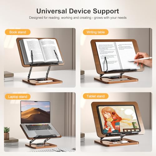 OPTIXCELL Book Stand for Reading, 360° Rotating Book Holder, Page Clips | Hands Free, Built-in Storage Tray, Adjustable Height Angle, Non-Slip, Foldable 13.3x9.4x1.9in, Fits Cookbook Tablet & Laptop - style: Book Stand
