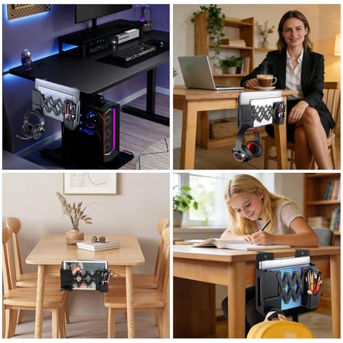 Desk Side Storage,Under Desk Clamp-on Vertical Laptop Holder,7-17 Inch Length Adjustable with Pen & Headphone Holder,No Drill Storage Shelf for Desk,Fits Table Edge 0.4" to 2.3"(Black)