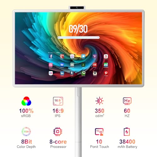 VLH 32″ FHD Smart Portable TV, Rolling TV On Wheels,8G +128GB Storage, Android 15 OS,Google EDLA-Certified,Portable Touch Screen Monitor,Built-in 38400mAh Battery,Removable 500W Camera, Remote Control - color: 32 Inch White
