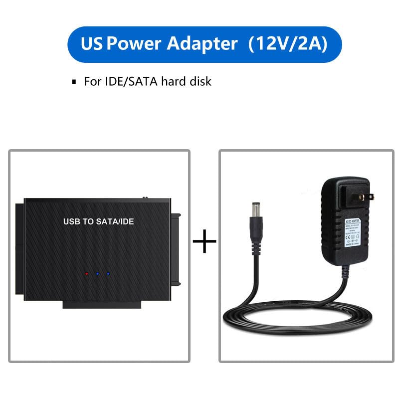 Hard Drive Reader USB 3.0 to SATA IDE Adapter, IDE SATA to USB + Type C External Hard Drive Adapter Data Recovery Converter Kit for Universal 2.5 3.5 HDD SSD Drive Disk, with 12V/2A Power Adapter