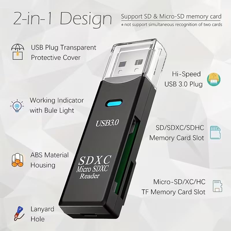 SB 3.0, 2.0 Card Reader, 5Gbps 2-in-1 SD Card Reader to USB Adapter, Suitable for MMC, RS-MMC, Card Reader and UHS-I Card, Black3.0 - color: Black3.0
