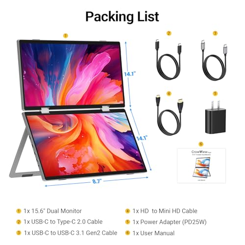 ELECROW Laptop Screen Extender 15.6" 1080P Dual Portable Monitor, USB C HD 360° Rotation Foldable Travel Extended Computer Display with Stand for Laptop PC Windows Mac, VESA Mountable (Plug & Play)