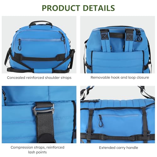 Vomgomfom 86L Collapsible Wheeled Duffle Bag Waterproof, Blue | Detachable Backpack Straps, Padded Laptop Sleeve, Quilted Reinforced Base, U-Shape Mesh Pocket, Shoe Compartment - color: Blue