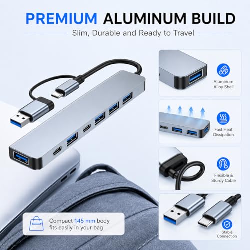 VIENON Aluminum USB C & USB Hub 7-in-1 with USB 3.0, USB-C Ports for PC/Laptops/MacBook Pro/Air/iMac/iPad and More Devices