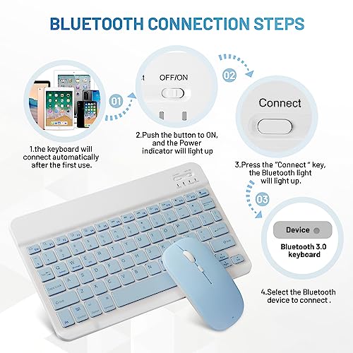 Bluetooth Keyboard and Mouse Combo Rechargeable Portable Wireless Keyboard Mouse Set for Apple iPad iPhone iOS 13 and Above Samsung Tablet Phone Smartphone Android Windows (10 inch Blue) - color: blue