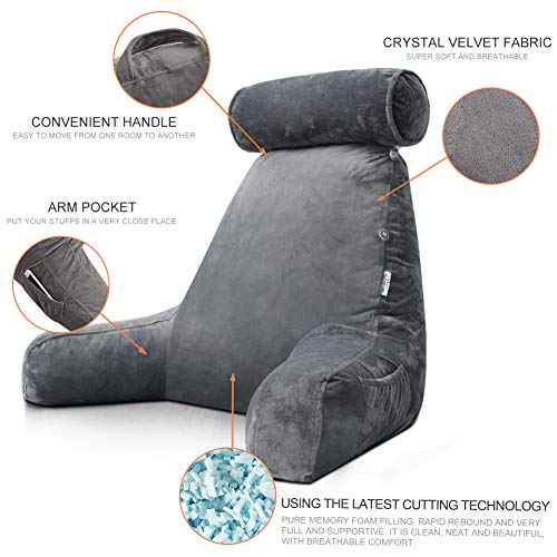 Reading Pillow for Adults Sitting‑Up in Bed, Backrest with Arms | Detachable Neck‑Cushion; Shredded Memory‑Foam; Side Pockets; Washable Velvet Cover; Gaming & TV, Sofa Use - color: Grey