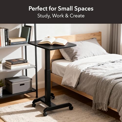 Mount-It! Rolling Laptop Desk Adjustable Height (29.6”-44.2”), Mobile Workstation Cart with 23.6” x 20.5” Desktop, Small Sit-Stand Desk for Home, Office, or Classroom in Black - color: Black