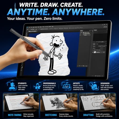 Active Pen for HP Omnibook Envy x360 Spectre Pavilion, Palm Rejection | 1024 Pressure Levels, 300-Day Battery, Dual Side Button, No Bluetooth, MPP 1.51 for Drawing & Note-taking - color: Black