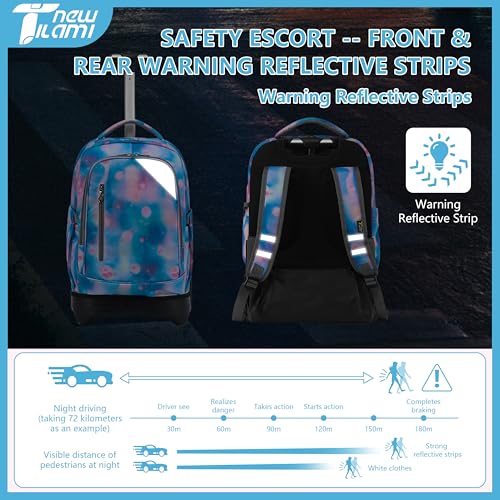NEW TILAMI 18 Inch Rolling Backpack with Lunch Bag for Girls Boys School | 6-Wheel Stair-Climbing Girls Boys Carry-on Suitcase Water-Resistant Adjustable Trolley Handle Wheels School Travel Camping - color: Blue Planet
