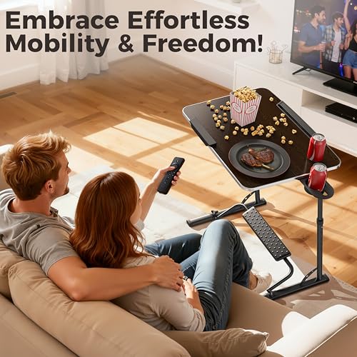 Upgraded Folding TV Tray Table, Extra Large & Sturdy Laptop Table for Couch | Height & Angle Adjustable Desk for Dinner, Work & TV - Includes Footrest, Cup Holder, iPad Holder & Edge Stopper - color: (Black) - Dark Wood Mahogany
