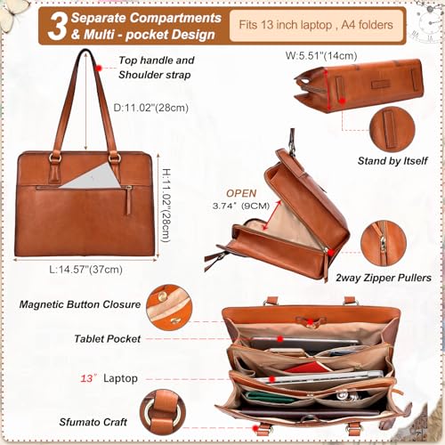 Banuce Italian Full Grain Leather Briefcase for Women Tote Purses | Eco-friendly Leather,Fits 13.3" Laptop and 9.7" iPad,3 Compartments,2Way Long Handles and Strap,Business Work