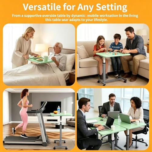 Adjustable Overbed Table with Wheels, Pneumatic Height Lift Rolling Bedside Table, Standing Desk for Home & Office Use, Ideal for Seniors & Limited Mobility (Light Green) - color: Light Green