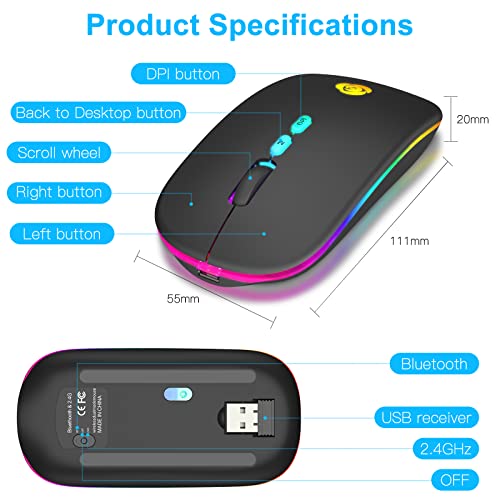 CC Store Wireless Mouse for Laptop,USB-C Rechargeable with Dual Connection | Bluetooth mouse with 2.4GHz USB receiver, silent slim design, adjustable DPI for laptop,MacBook,PC and tablet,Black - color: Black