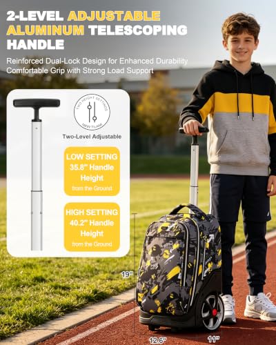 NEW TILAMI 19 Inch Rolling Backpack with Lunch Bag School Stair-Climbing | Stair-Climbing Teen Boys Girls Carry-on Suitcase Large Compartment 15.6 Laptop Sleeve Adjustable Handle Roller Travel Bag - color: Yellow Doodle