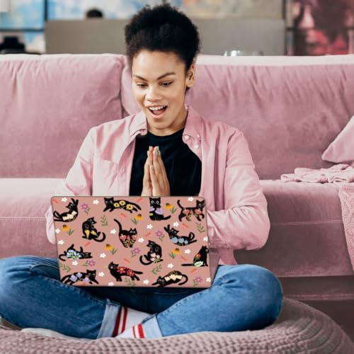 SUPERDANT Laptop Skin Sticker Black Cat Flowers Laptop Decals Personalized Universal Notebook Computer Wrap Vinyl Skin Stickers Cover Art Decal Removable 12-15.6 Inch Scratch-Resistant Gifts Pink