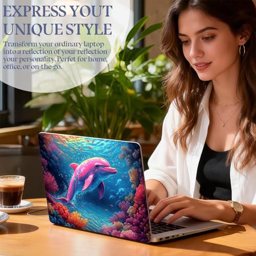 Universal Laptop Skin Sticker Decal,15.6 Inch Laptop Vinyl Cover for 13" 14" 15.6" Laptop,Scratch-Resistant Waterproof Protector Wrap,Reusable with Wrist Pads,Pink Ocean Dolphin - color: Pink Ocean Dolphin