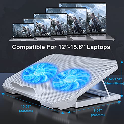 LIENS Laptop Cooling Pad with Adjustable Height Two 5.1 Inches Fan 2 USB Ports Suitable for 12"-15.6" Laptops(White) - color: white