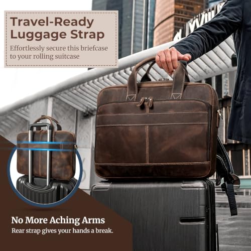 Augus Leather Briefcase for Men, 16 Inch, Full-Grain Leather, YKK Zipper - color: Brown-1