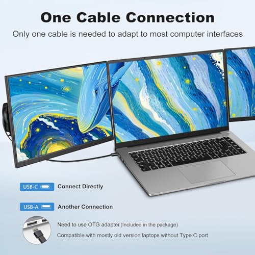 DEPGI 14" Laptop Screen Extender Built-in Cooler, 1200P FHD One Cable Connect Portable Triple Monitor, Dual Screen Monitor Fits 13"-17.3" Laptop with Stand for MacOS/Windows - style: Built-in fan