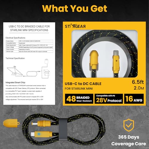 Starlink Mini Cable 6.5FT, 16AWG Starlink Cable with Indicator Light 140W USB C to DC, Braided Wear-Resistant Accessories for Starlink Work with 20V/100W, 28V/140W PD Power Source (Yellow) - size: Yellow Braided 6.5FT with LED