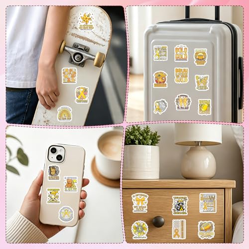 100 Pcs Childhood Cancer Awareness Stickers Childhood Cancer Items | Childhood Cancer Awareness Items, Yellow Ribbon Design, Waterproof Vinyl, Bow Sunflower Decals for Luggage Laptop Journaling - style: Childhood Cancer Awareness
