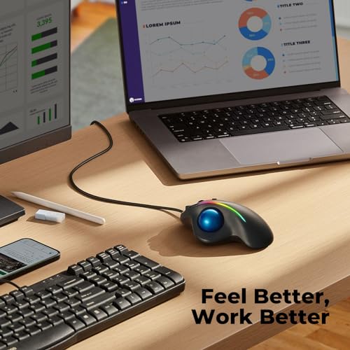 Wired Trackball Mouse with RGB Lighting, Ergonomic Thumb Control to Reduce Muscle Strain, 5 Adjustable DPI, Dual USB-C & USB-A Connectivity, Compatible with PC, Laptop, Mac, Windows-Blue - color: A-Blue