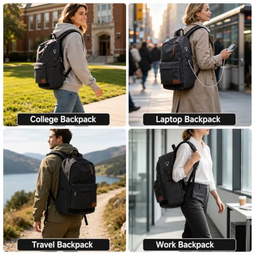 Canvas Laptop Backpack, Waterproof School Backpack With USB Charging College - color: Black