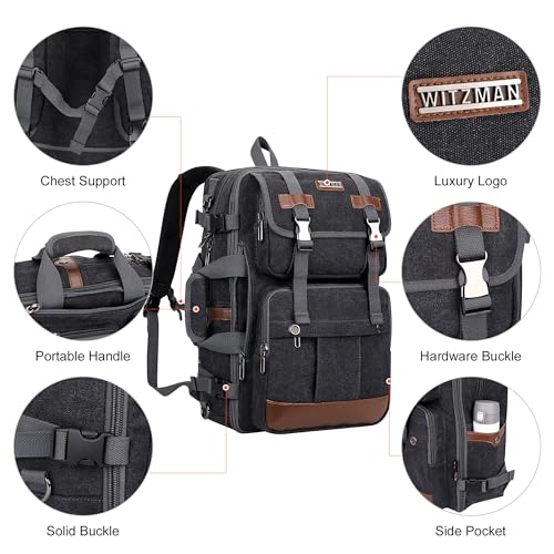 WITZMAN Canvas Travel Backpack for Men Large Laptop Backpack Fits 16 Inch | Expandable 32L to 42L, Carry-on Airline Approved Convertible Shoulder Rucksack, For Vacation, Overnight Trip, A6617 Black - color: Black