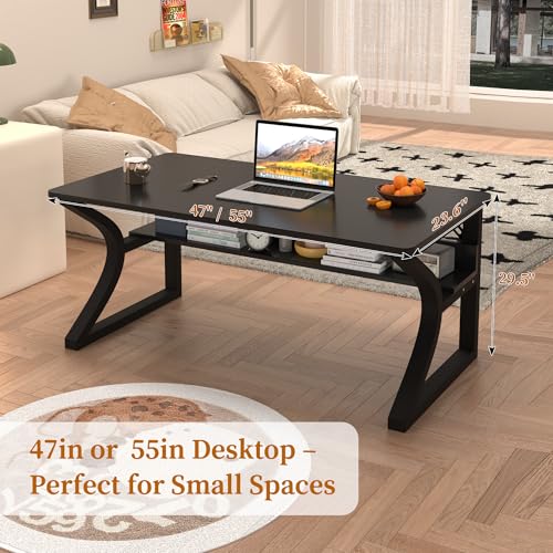 55'' Computer Desk Home Office Desk, Modern Computer Desk w/U Shaped Metal Frame, Storage Shelves, PC Table Study Writing Desk Workstation for Home Office (55inch/Black) - size: 55inch/Black