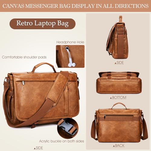 Messenger Bag for Men: Laptop Bag PU Leather Work Briefcase Large Carry On Computer for Office College Travel - color: Pu Brown