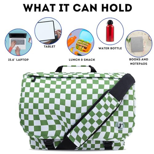 J World New York Thomas Laptop Messenger Bag for Women & Men. Kids Computer Bookbag - color: Matcha Checkers