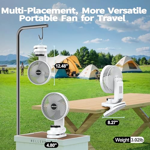 AMACOOL Battery Operated Camping Fan with Light, 20000mAh Rechargeable Clip on Fan with Hook & Digital Display, 112Hrs Running, 9 Speed, 360° Rotation Portable Small Fans for Tent Camping RV Travel - color: White