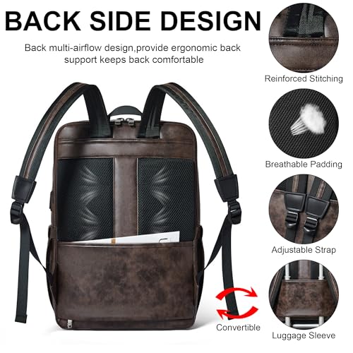 16 inch Vegan Leather Laptop Backpack with USB Charger | Smart Computer Backpack For Men and Women,Back Pocket Convert Luggage Sleeve,20L Large Capacity,Business Work Office College - color: Two-toned Coffee