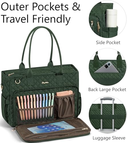 Bagstellar Teacher Tote Bag for Women, 15.6" Laptop Work Tote Computer Bag | Quilted Bible Nurse Bag with 40oz Cup Holder, Insulated Pocket & Strap, Large Laptop Briefcase for School Travel Office Gifts - color: Dark Green