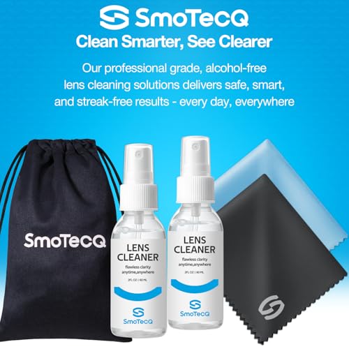 SmoTecQ Glasses Cleaner Kit – Alcohol-Free, Plant-Based Spray + Ultra-Soft Microfiber Cloths for Eyeglasses, Screens & Cameras – 2 x 2oz Spray Bottles + 2 Cloths + Travel Pouch Set