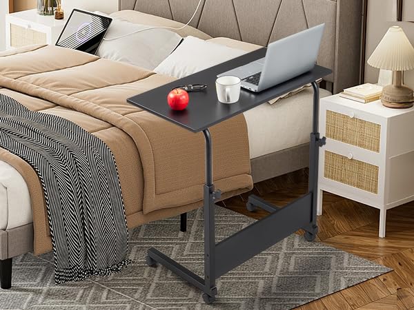 Karl home Mobile Side Table 31.5 inch Computer Desk with Wheels, Black | Height Adjustable Rolling Potable Laptop Cart, C-Shaped Bed Couch Sofa End Tables with Edge Stopper for Livingroom Bedroom - color: Black, size: 31.5"+No Power Sockets
