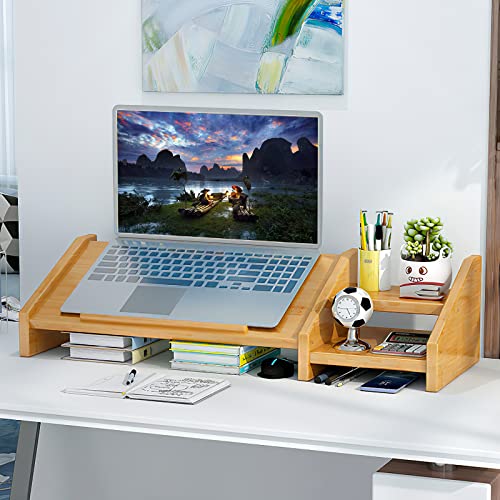 Ufine Bamboo Laptop Stand for Desk with Storage Computer Monitor Riser | 3 Heights Adjustable, Notebook Printer Stand Desktop Organizer for Home Office