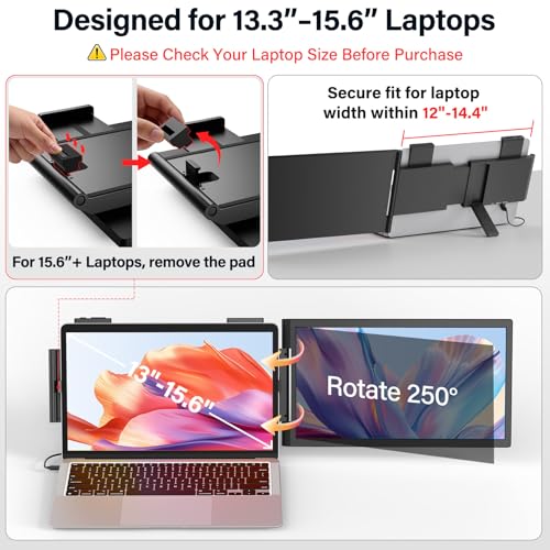 15.6" Laptop Screen Extender Portable Laptop Monitor Extender Clip-On | 1080P IPS Portable Monitor for 13.3-15.6" Laptops with USB-C/HDMI Port, Plug and Play for Windows/Mac/Android/Switch/PS5/Xbox - size: 15.6"