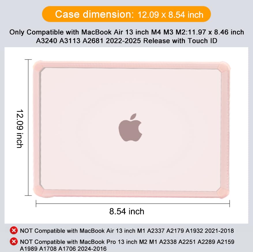 MOSISO Compatible with MacBook Air 13 inch Case M5 2026 M4 M3 M2 2025-2022 | A3449 A3240 A3113 A2681, 3 in 1 Kit Crack-Resistant Heavy Duty Protective Hard Shell Case Cover with TPU Bumper, Pink - color: Pink