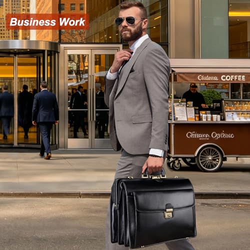 Banuce Leather Briefcase for Men with Anti-Theft Lock Fits 15.6" Laptop | Gradient Coloring Leather,Ergonomic Handle,Expandable,Detachable Shoulder Strap,Office Work,Business Travel - color: Black