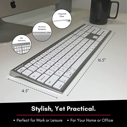 Macally Wireless Bluetooth Keyboard for Mac - Compatible Apple Keyboard or MacBook Pro/Air, iMac - Multi-Device, Up to 3 Devices with 110 Keys, 20 Shortcuts, Numeric Keypad, and Rechargeable - Silver - color: Aluminum Silver