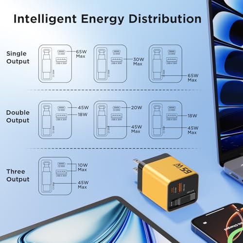 65W GaN USB C Charger with Retractable Charging Cable, 3-Port Power Adapter | Fast travel charger for MacBook, iPhone 17 16 15, Samsung Galaxy S25/S24, iPad, multi port compact wall charging block,Yellow - color: Yellow