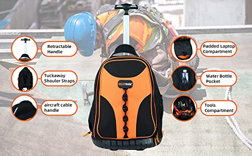 MELOTOUGH Rolling Tool Backpack Heavy Duty 37 Pockets Orange | Heavy-Duty 600D, Polyester, Water-Resistant, Multiple Pockets with Large Interior, Smooth Rolling Wheels & Telescoping Handle - color: Orange