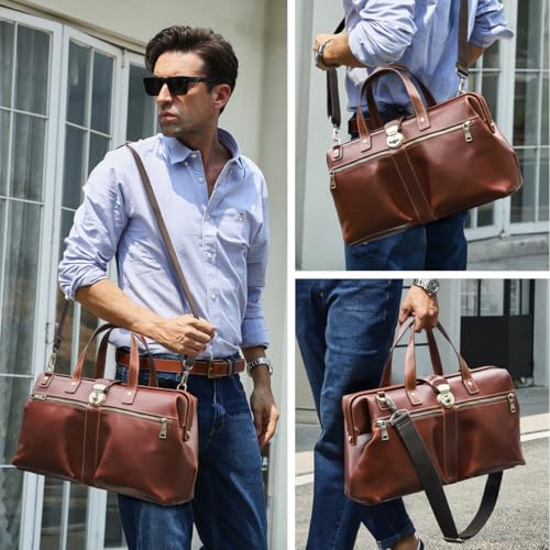 CONTACTS Full Grain Leather Doctor Bag for Men Attorney Lawyer Briefcase | Vintage Gladstone Bags, Compatible with MacBook 14", Metal Frame Opening, Brown