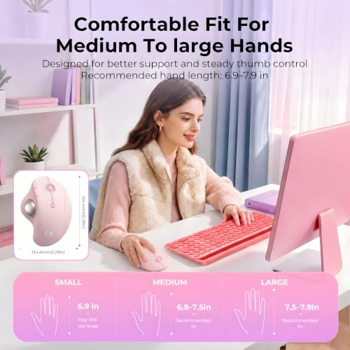 seenda Wireless Trackball Mouse, Ergonomic Bluetooth Rollerball,Rose Pink | USB-C rechargeable, 3-device Bluetooth+2.4G USB, thumb control, 5-level DPI and space-saving comfort for laptop, PC and Mac. - color: Rose Pink