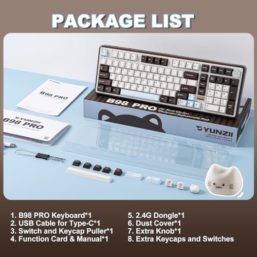 YUNZII B98 PRO QMK/VIA Wireless Mechanical Gaming Keyboard,96% Layout with Numpad and Cute Cat Knob, BT/2.4G/USB-C,Linear Switch Hot Swap Gasket,RGB for Win/Mac (Coffee Browm, Candy Linear Switch) - color: Coffee Brown, size: Candy Linear Switch