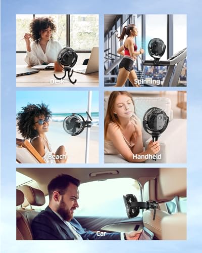 Koonie 5000mAh Portable Stroller Fan - 3-Speed Battery Operated, Flexible Clip-on Tripod, 360° Rotate Flexible Tripod,USB Rechargeable Cooling for Bike, Treadmill, Travel & Car Seat