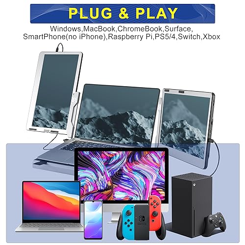 JoyReal F2 Laptop Screen Extender, 14'' 1080P Triple Portable Monitor for Laptop, 360 Rotating Monitor Desk Workstation with Multiple Laptops Stand for mac Windows Surface PS Switch